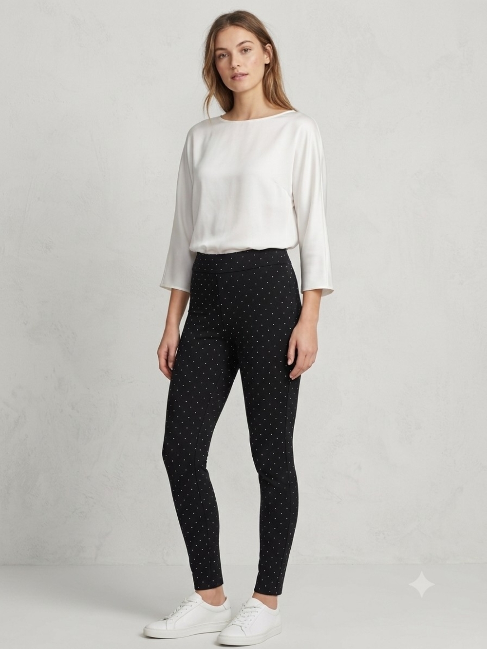 Intro Love The Fit Black Leggings with White Polka Dot Print.    Size S.   WP 45